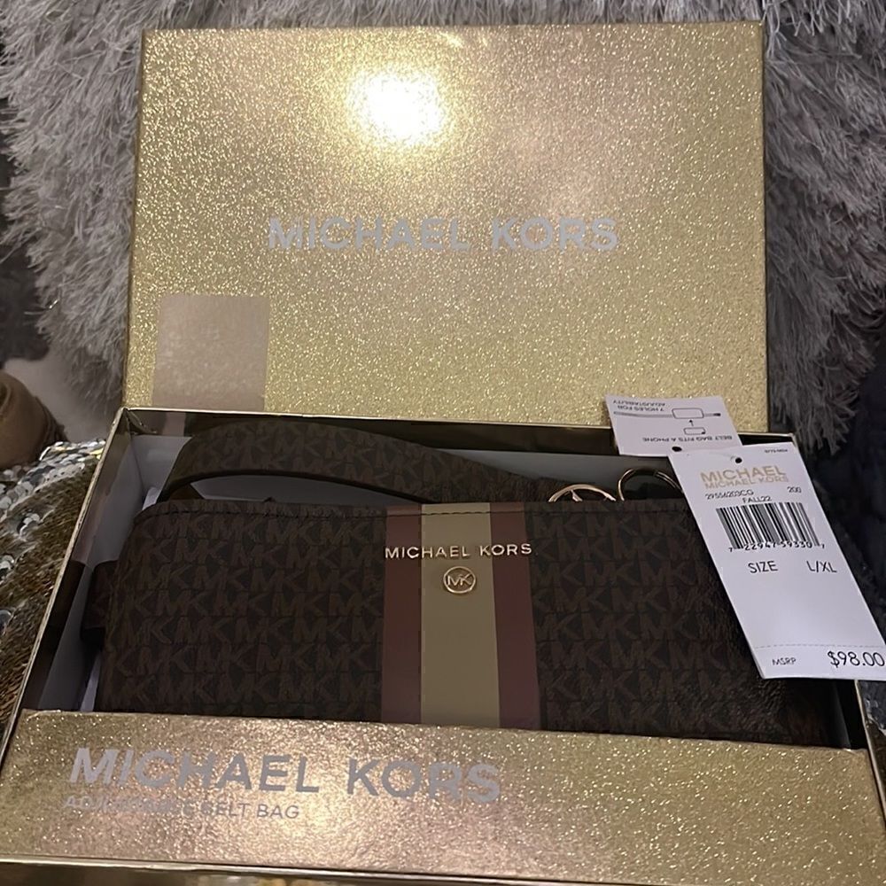 Michael kors signature jacquard belt bag/fanny pack stripe leather logo L/XL - Picture 3 of 10